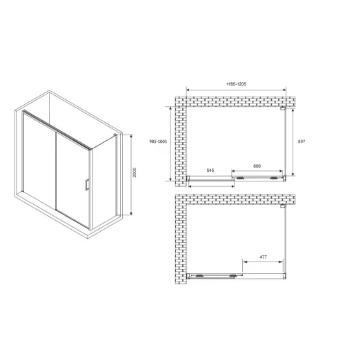 Душевой уголок ABBER Komfort прозрачное , черный профиль, Цвет стекла: прозрачное, Цвет профиля: Черный, Выбрать размер: 120х100, изображение 2