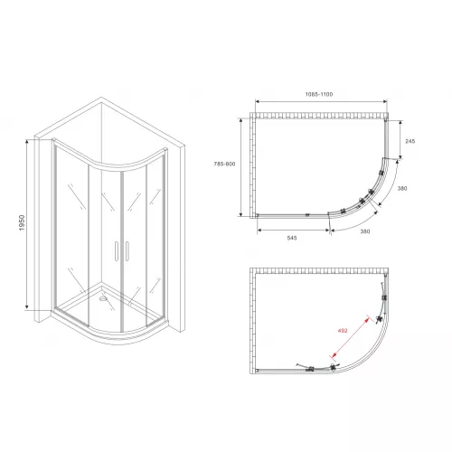 Душевой уголок ABBER Schwarzer Diamant асимметричный, прозрачное/хром, Цвет стекла: прозрачное, Цвет профиля: Хром, Выбрать размер: 110х80, изображение 5