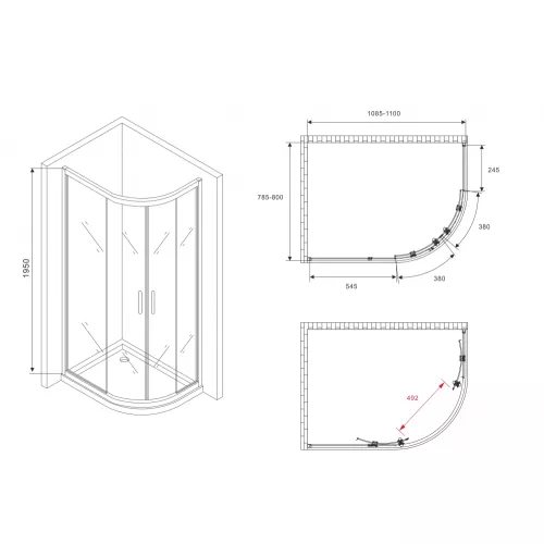 Душевой уголок ABBER Schwarzer Diamant асимметричный , матовое/хром, Цвет стекла: матовое, Цвет профиля: Хром, Выбрать размер: 110х80, изображение 5
