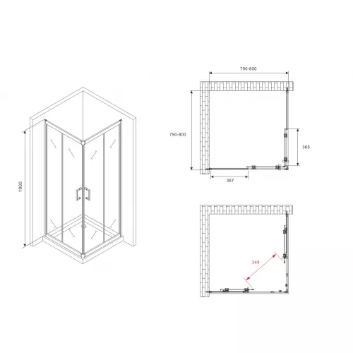 Душевой уголок ABBER Schwarzer Diamant квадрат , прозрачное/хром, Цвет стекла: прозрачное, Цвет профиля: Хром, Выбрать размер: 80х80, изображение 4