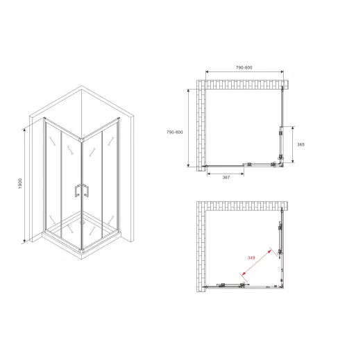 Душевой уголок ABBER Schwarzer Diamant квадрат, прозрачное/черный, Цвет стекла: прозрачное, Цвет профиля: Черный, Выбрать размер: 80х80, изображение 4