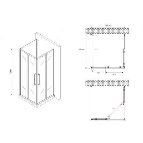 Душевой уголок ABBER Schwarzer Diamant квадрат , пристенный , прозрачное/черный, Цвет стекла: прозрачное, Цвет профиля: Черный, Выбрать размер: 80х80, изображение 5