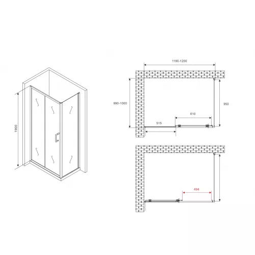 Душевой уголок ABBER Schwarzer Diamant  прозрачное/черный , в угол, Цвет стекла: прозрачное, Цвет профиля: Черный, Выбрать размер: 120х100, изображение 5