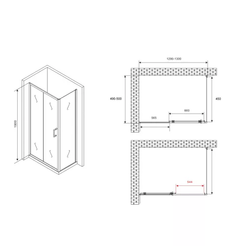Душевой уголок ABBER Schwarzer Diamant   прозрачное/хром , в угол, Цвет стекла: прозрачное, Цвет профиля: Хром, Выбрать размер: 130х50, изображение 4