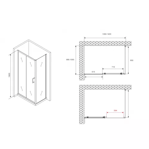 Душевой уголок ABBER Schwarzer Diamant прозрачное/черный , в угол, Цвет стекла: прозрачное, Цвет профиля: Черный, Выбрать размер: 140х100, изображение 5