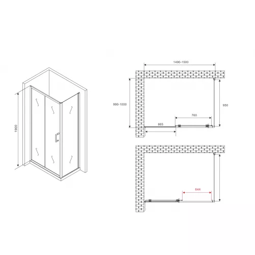 Душевой уголок ABBER Schwarzer Diamant  прозрачное/черный , в угол, Цвет стекла: прозрачное, Цвет профиля: Черный, Выбрать размер: 150х100, изображение 5