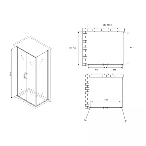 Душевой уголок ABBER Sonnenstrand  прозрачное/хром , в угол, Цвет стекла: прозрачное, Цвет профиля: Хром, Выбрать размер: 100х70, изображение 4