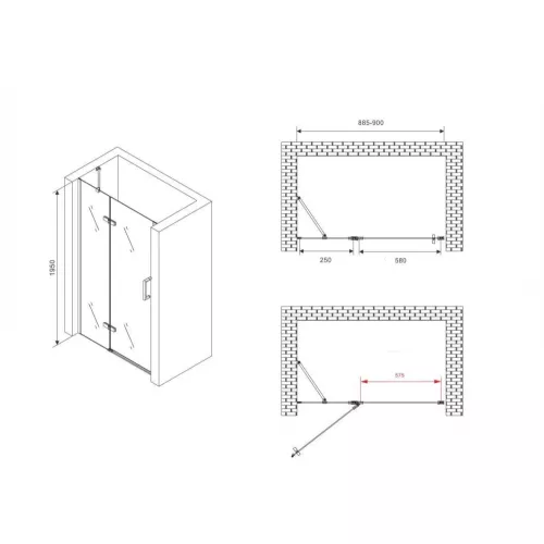 Душевая дверь ABBER Zart распашная, Цвет стекла: прозрачное, Цвет профиля: Черный, Выбрать размер: 90, изображение 3