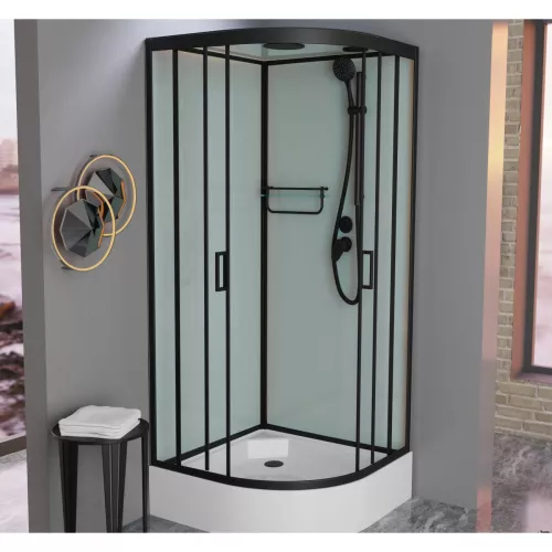 Душевая кабина Frank F409/1 М Black 90х90 матовое стекло , средний поддон, Цвет стекла: матовое, Цвет профиля: Черный, Тип поддона: Средний, Выбрать размер: 90х90, Внешний вид: с крышей, изображение 2