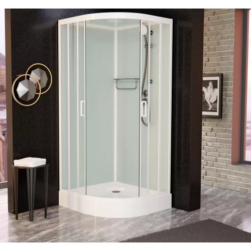 Душевая кабина Frank F409 М White матовое стекло низкий поддон, Цвет стекла: матовое, Цвет профиля: Белый, Тип поддона: Низкий, Выбрать размер: 90х90, Внешний вид: с крышей