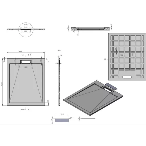 Поддон из искусственного камня черный ESPLX90B, ESPLX100B, ESPLX108B, ESPLX119B, ESPLX128B, ESPLX129B, Выбрать цвет: Черный, Тип поддона: Низкий, Выбрать размер: 100х80, изображение 5