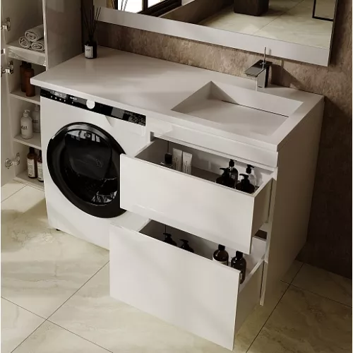 Тумба подвесная с раковиной  "Даллас ЛЕОН 120", Люкс белая, PLUS, Выбрать цвет: Белый, Внешний вид: 2 ящика, Ориентация: правая, изображение 2