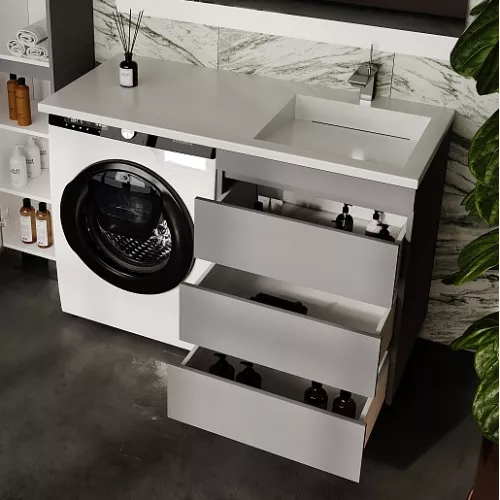 Тумба напольная с раковиной "Даллас ЛЕОН 120", Люкс серая, PLUS, Выбрать цвет: Серый, Внешний вид: 3 ящика, Ориентация: левая, изображение 4