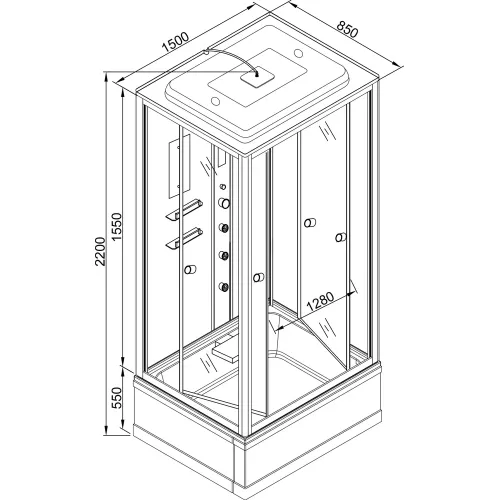 Душевая кабина AvaCan V150/160/170  прозрачное/хром/высокий, Цвет стекла: прозрачное, Цвет профиля: Хром, Тип поддона: Высокий, Выбрать размер: 150х85, Внешний вид: Гидромассаж + электрика, Наличие крыши: есть, изображение 16