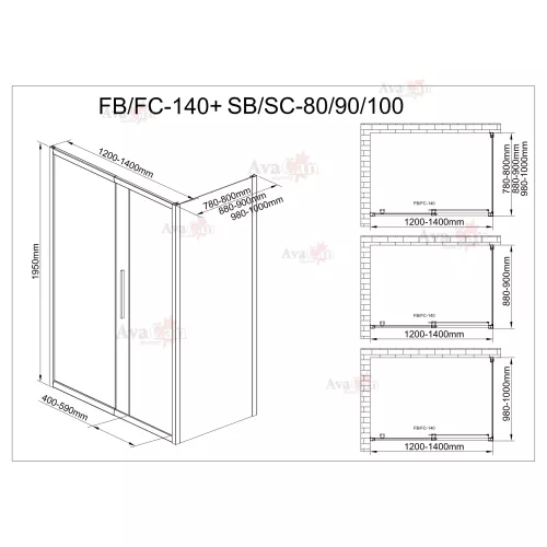 Душевой уголок AvaCan FC+SС прозрачное/хром, Цвет стекла: прозрачное, Цвет профиля: Хром, Выбрать размер: 120-140х90, изображение 13