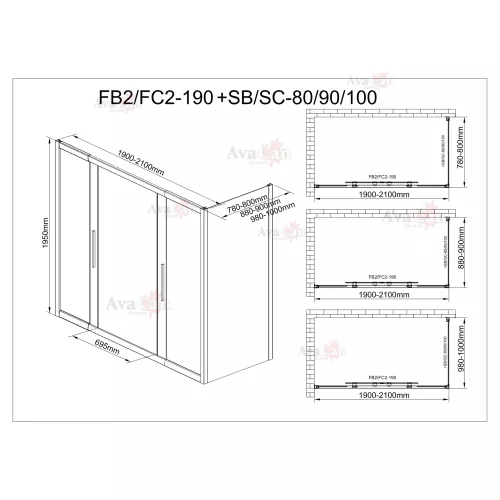 Душевой уголок AvaCan FC2 прозрачное/хром, Цвет стекла: прозрачное, Цвет профиля: Хром, Выбрать размер: 190-210х100, изображение 11