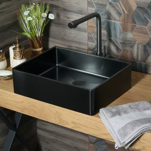 Раковина D4837B Castle MELANA ProfLine 1,2 мм черная накладная, Сифон, донный клапан, Выбрать цвет: Черный