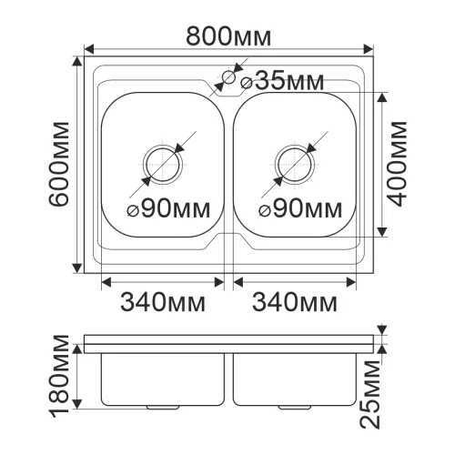 Мойка 8060SP MELANA 0,8/180 2-я чаша отдельная накладная  с сифоном, Внешний вид: сталь AISI201, изображение 2