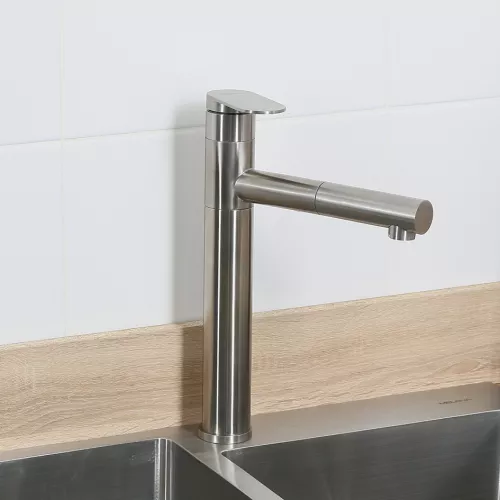 Смеситель д/кухни MELANA-610303 Stello нерж.сталь, однорычажный, сатин, вытяжной излив