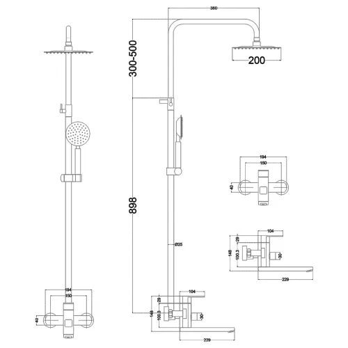 Душевая система MELANA-610307 Stello нерж.сталь, с тропическим душем, лейкой и смесителем, изображение 2