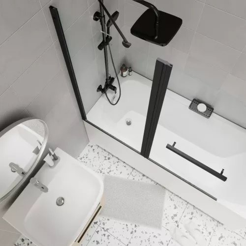 Шторка  на ванну F03B PARLY распашная, Цвет стекла: прозрачное, Цвет профиля: Черный, Выбрать размер: 120, изображение 3