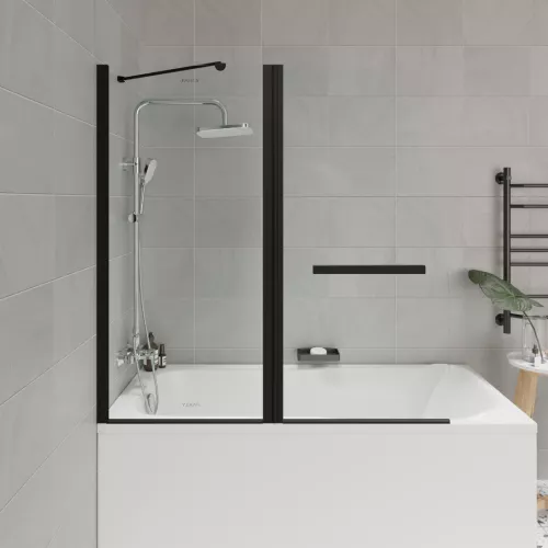 Шторка  на ванну F03B PARLY распашная, Цвет стекла: прозрачное, Цвет профиля: Черный, Выбрать размер: 120