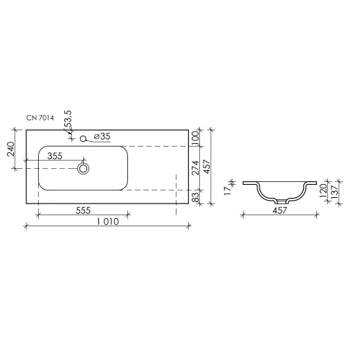 Раковина накладная Ceramica Nova Grace 1010*457*137мм, чаша слева, с отверстием под смеситель, Выбрать цвет: Белый, изображение 3