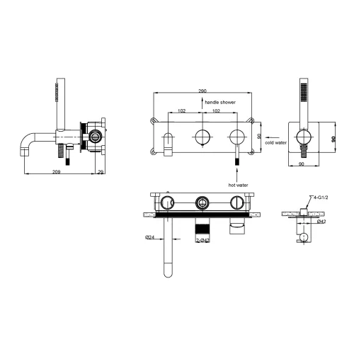 Смеситель встраиваемый  с ручным душем и изливом  Boheme UNO 464-3-MW белый матовый, Выбрать цвет: Белый матовый, изображение 2