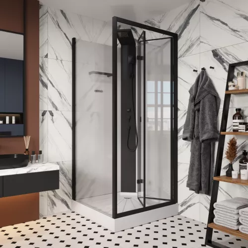 Кабина BELLA901B душевая без крыши Ceruttispa (90x90x215-225), Цвет профиля: Черный, изображение 2