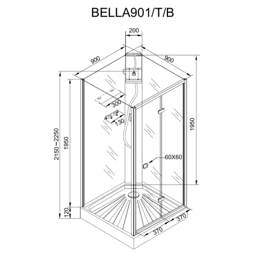 Кабина BELLA901B душевая без крыши Ceruttispa (90x90x215-225), Цвет профиля: Черный, изображение 5