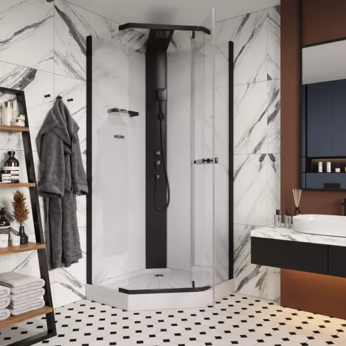 Кабина CHIKA901B душевая без крыши Ceruttispa (90x90x215-225), Цвет профиля: Черный, Тип поддона: Низкий, изображение 2