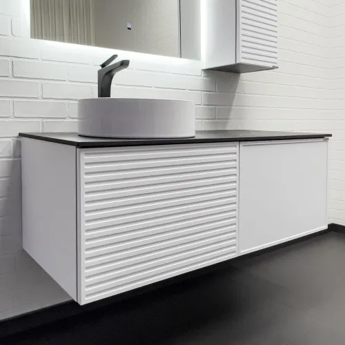 Тумба-умывальник Comforty Геленджик 120 белый матовый со столешницей мрамор Калакатта Блэк c раковиной Comforty, Внешний вид: с раковиной Comforty 9110