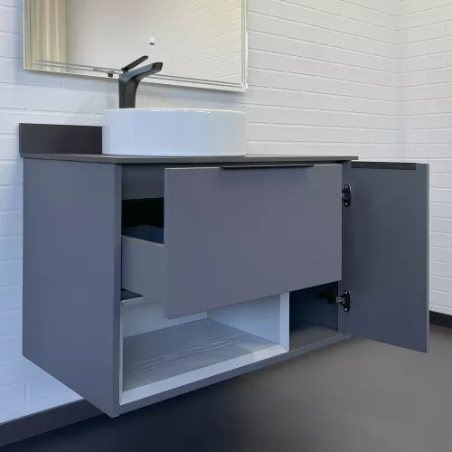 Тумба-умывальник Comforty Джанкой 90 антрацит с черной столешницей и раковиной 9111, изображение 2