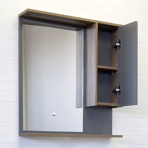 Зеркало-шкаф Comforty Кемер-75 антрацит/дуб тёмно-коричневый LED-подсветка, изображение 2