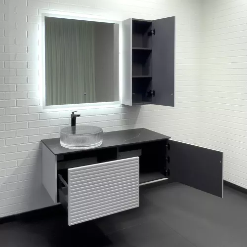 Тумба-умывальник Comforty Геленджик 120 белый матовый со столешницей мрамор Калакатта Блэк c раковиной Comforty, Внешний вид: c раковиной Comforty CF21001, изображение 7