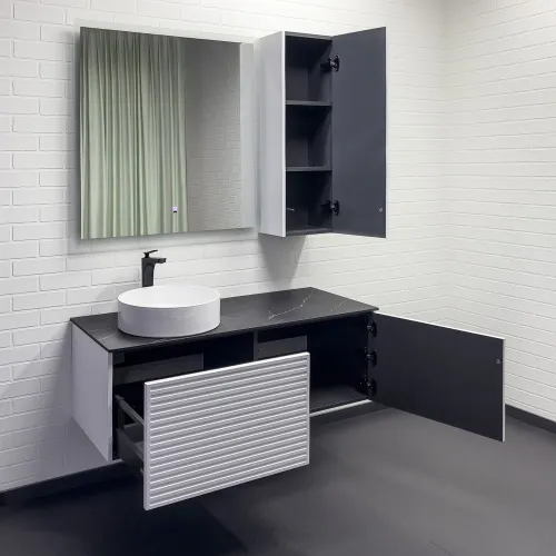 Тумба-умывальник Comforty Геленджик 120 белый матовый со столешницей мрамор Калакатта Блэк c раковиной Comforty, Внешний вид: с раковиной Comforty 9110, изображение 7