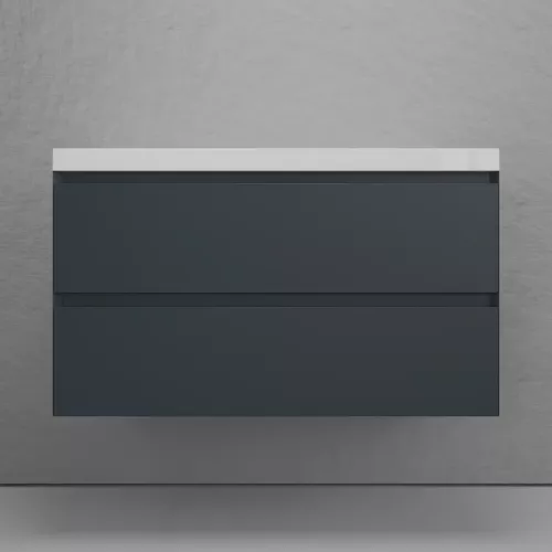 Тумба подвесная "Манхэттен 100/80/70/60" ЭМАЛЬ с раковиной  ASTI , 2 ящика PLUS графит, Выбрать цвет: Графит, Выбрать размер: 100, Внешний вид: с белой раковиной