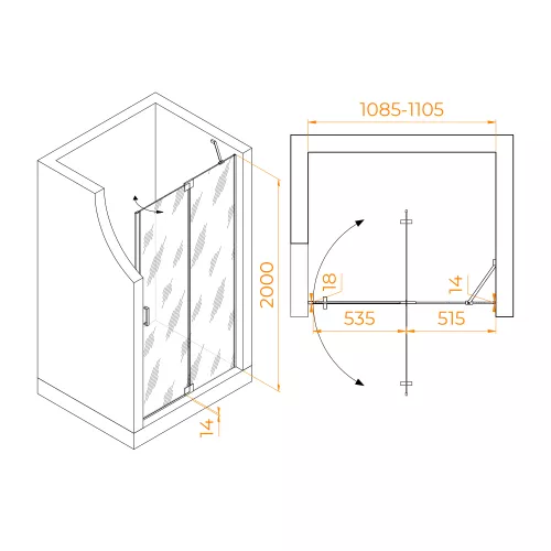 Душевая дверь RGW HO-014B, Цвет стекла: матовое-сатинат, Цвет профиля: Черный, Выбрать размер: 110, изображение 3