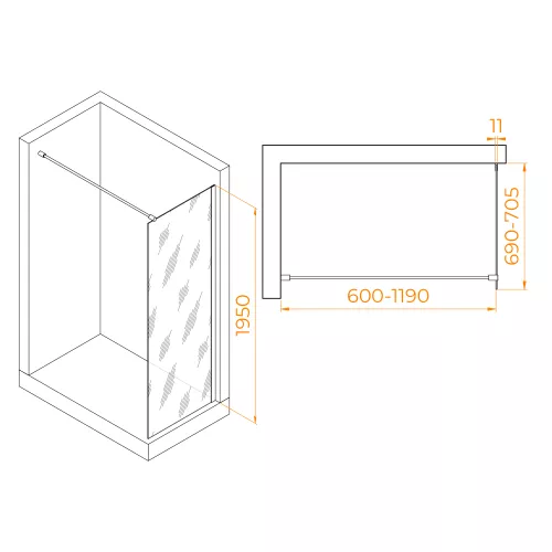 Перегородка для душа RGW WA-002B, Цвет стекла: матовое-сатинат, Цвет профиля: Черный, Выбрать размер: 70, изображение 4