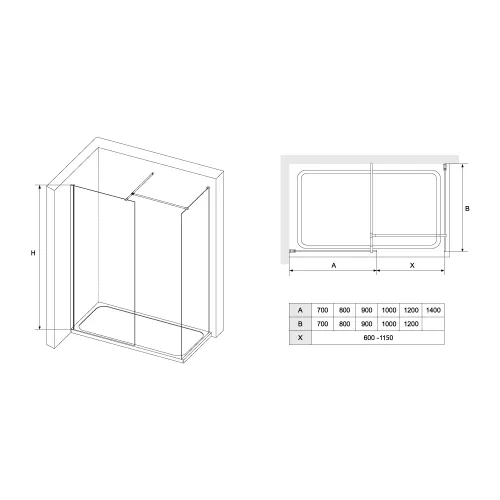 Перегородка для душа RGW WA-020B (WA-010B (2 шт.) + S-1220 B), Цвет стекла: прозрачное, Цвет профиля: Черный, Выбрать размер: 700*700, изображение 2