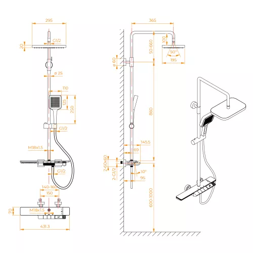 Душевая стойка RGW SP-34W с термостатом, Выбрать цвет: Белый, изображение 11