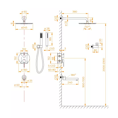 Душевая система встраиваемая RGW SP-55G, Выбрать цвет: Золото, изображение 9