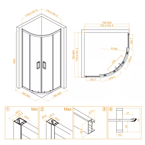 Душевой уголок RGW CL-54B, Цвет стекла: прозрачное, Цвет профиля: Черный, Выбрать размер: 800x800, изображение 7