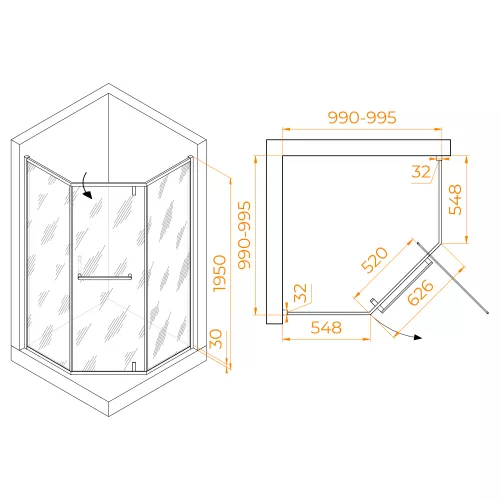 Душевой уголок RGW HO-084G, Цвет стекла: прозрачное, Цвет профиля: Золотой, Выбрать размер: 1000*1000, изображение 3