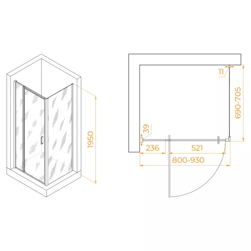 Душевой уголок RGW PA-078 (RGW PA-008 + Z-050-2), Цвет стекла: прозрачное, Цвет профиля: Хром, Выбрать размер: 800*700, изображение 2