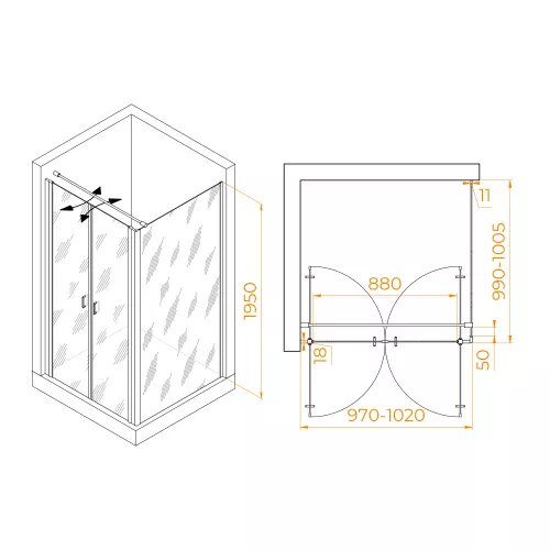 Душевой уголок RGW PA-134 (PA-104+Z-050-2+O-104), Цвет стекла: прозрачное, Цвет профиля: Хром, Выбрать размер: 1000x1000, изображение 3