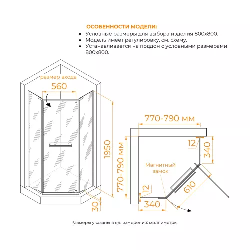 Душевой уголок RGW PA-82, Цвет стекла: прозрачное, Цвет профиля: Хром, Выбрать размер: 800*800, изображение 3