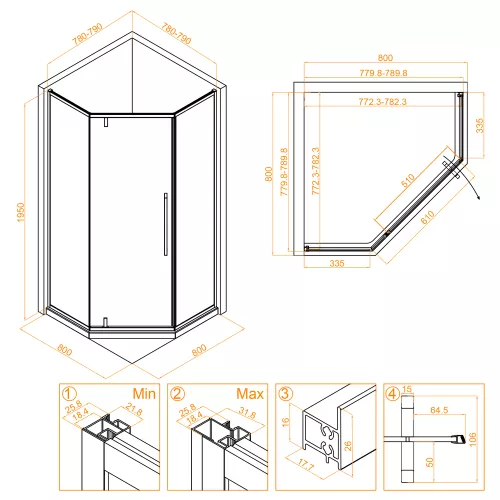 Душевой уголок RGW SV-81B, Цвет стекла: прозрачное, Цвет профиля: Черный, Выбрать размер: 800x800, изображение 4