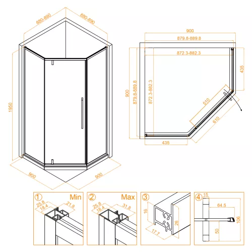 Душевой уголок RGW SV-81G, Цвет стекла: прозрачное, Цвет профиля: Золото BRUSH, Выбрать размер: 900x900, изображение 6