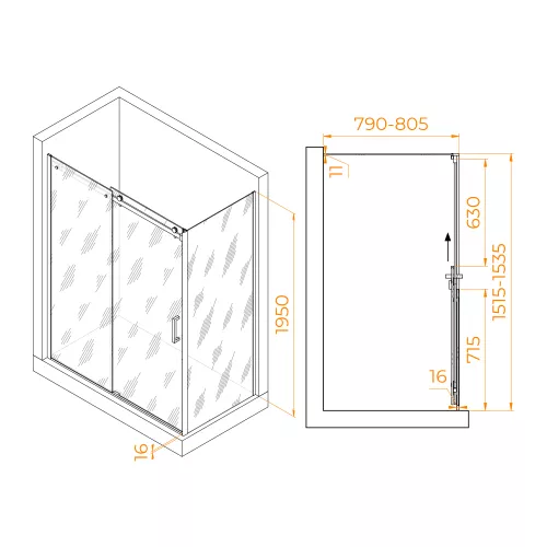 Душевой уголок RGW TO-44-1B (TO-14B + Z-060-2B), Цвет стекла: прозрачное, Цвет профиля: Черный, Выбрать размер: 1500x800, изображение 3